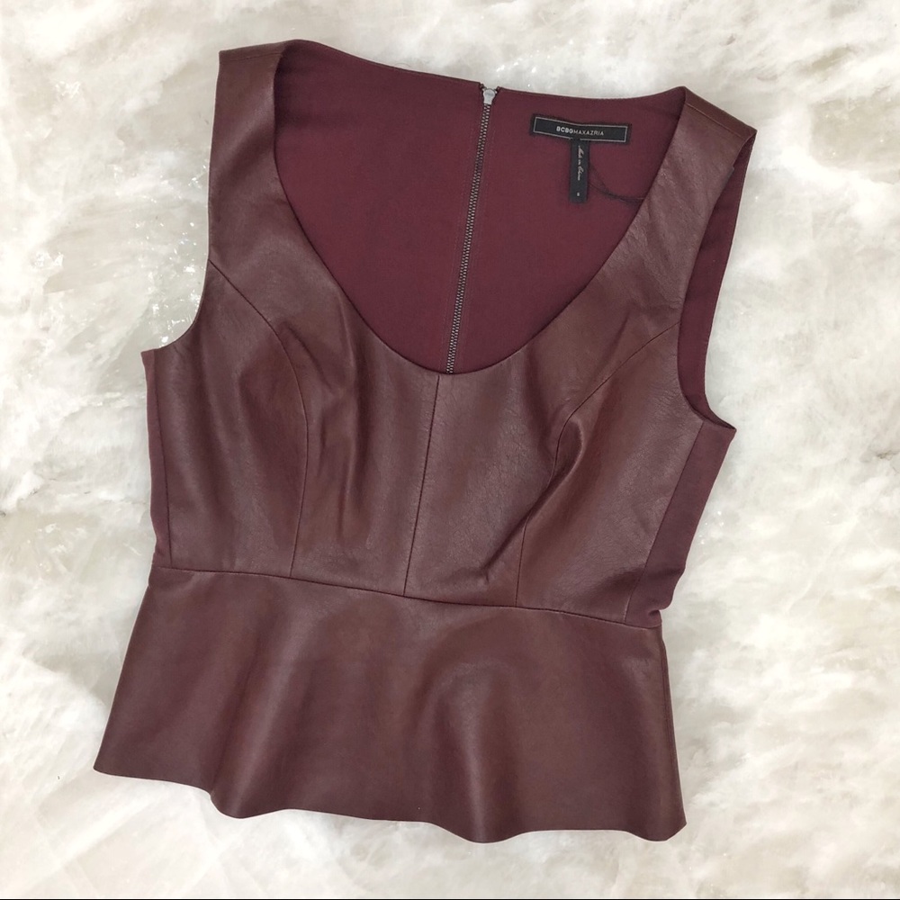 BCBG Faux Leather Peplum Top